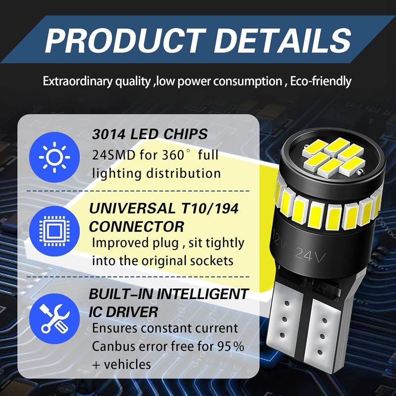 ijuicy 2 PCS 194 Led Bulbs, 168 175 2825 W5W T10 24-SMD 3014 Chipsets 6000K Led Bulb for Car Dome Door Map Dash Courtesy Cargo License Plate Lights (White) - Image 3